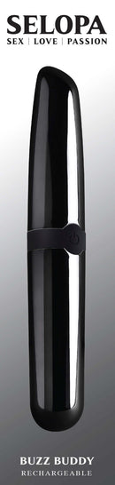 Selopa Buzz Buddy dual-ended bullet vibrator with black chrome finish and discreet lipstick shape by Evolved Novelties