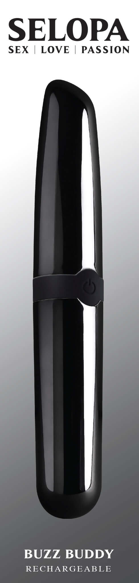 Selopa Buzz Buddy dual-ended bullet vibrator with black chrome finish and discreet lipstick shape by Evolved Novelties