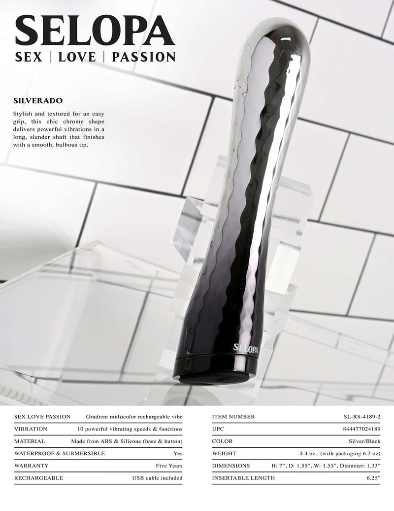 Selopa Silverado Vibrator with a chrome design for easy grip and powerful vibrations, displayed against a tiled background.