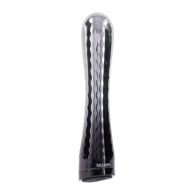 Selopa Silverado Vibrator with textured chrome design and smooth bulbous tip, offering 3 speeds and 7 patterns for customizable pleasure.