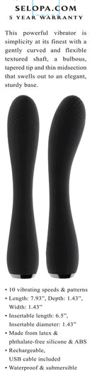 Selopa Midnight Magic Black Vibrator with curved shaft, stylish tapered tip, 10 vibrating modes, waterproof, and 5-year warranty