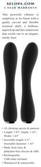 Selopa Midnight Magic Black Vibrator with curved shaft, stylish tapered tip, 10 vibrating modes, waterproof, and 5-year warranty