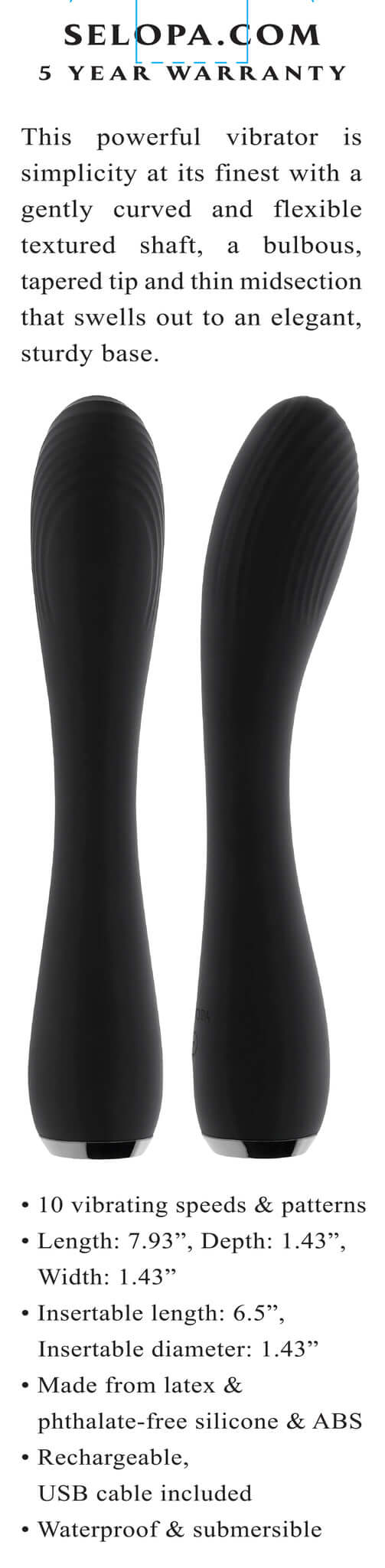 Selopa Midnight Magic Black Vibrator with curved shaft, stylish tapered tip, 10 vibrating modes, waterproof, and 5-year warranty