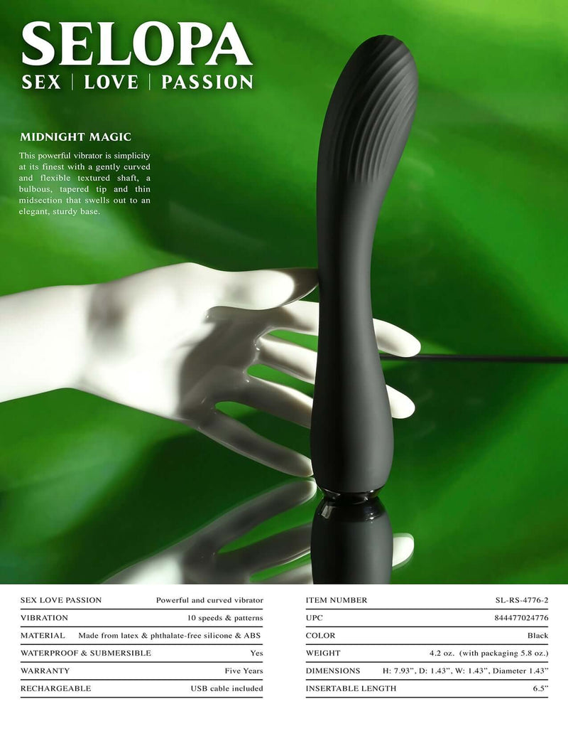 Selopa Midnight Magic Black Vibrator with sleek design and curved textured shaft on a green background.