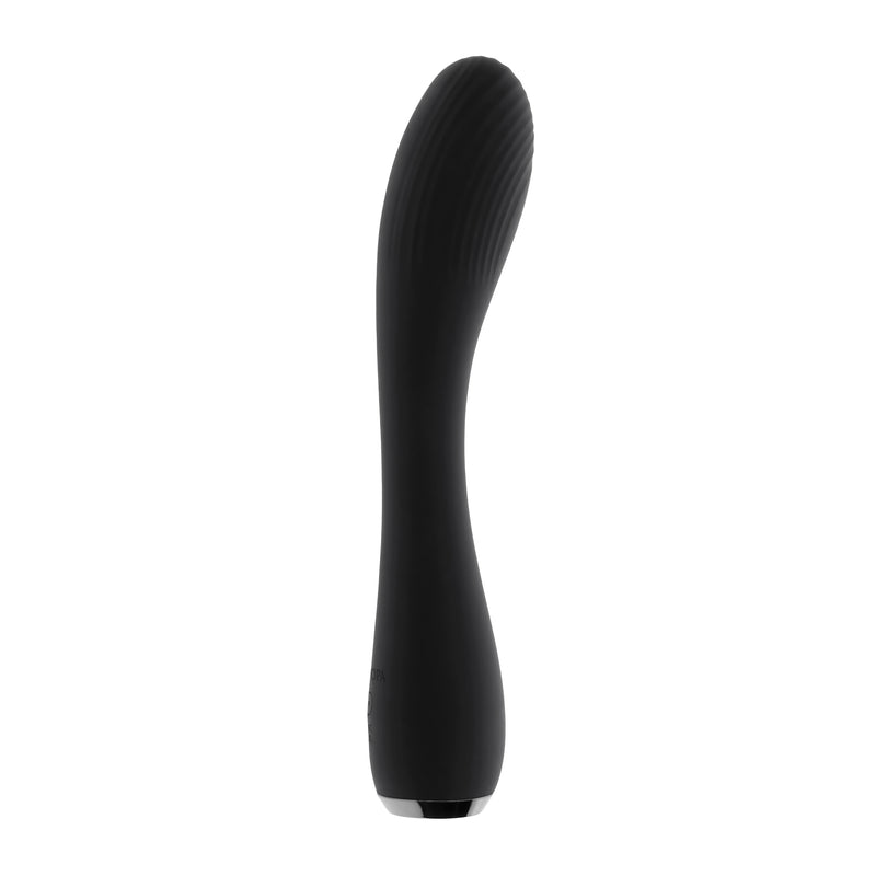 Sleek black Selopa Midnight Magic vibrator with gently curved and flexible textured shaft for heightened pleasure.