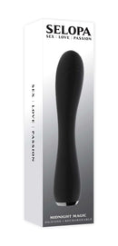 Selopa Midnight Magic Black Vibrator packaging by Evolved Novelties featuring a sleek flexible design and tapered tip.