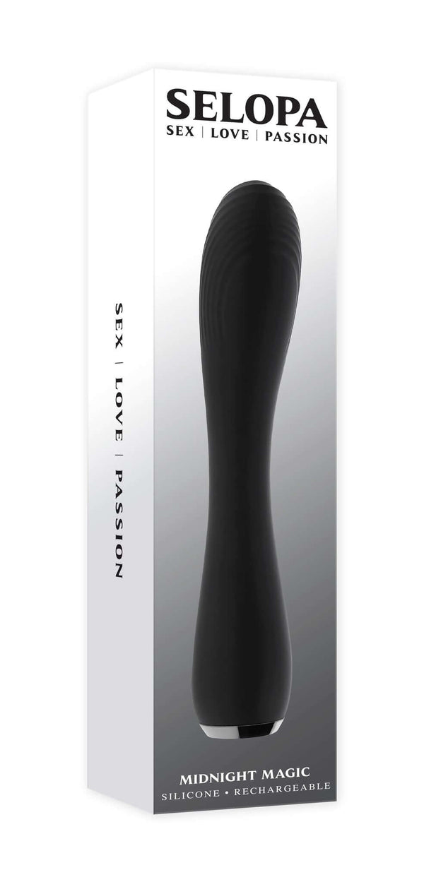 Selopa Midnight Magic Black Vibrator packaging by Evolved Novelties featuring a sleek flexible design and tapered tip.