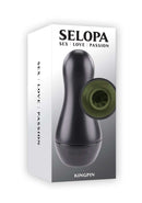 Selopa Kingpin black and green stroker with vibrating ring in packaging by Evolved Novelties.