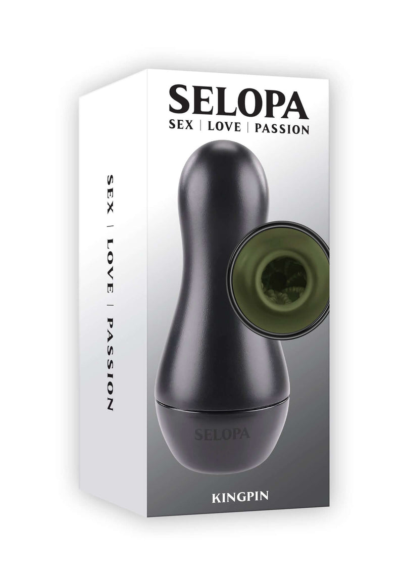 Selopa Kingpin black and green stroker with vibrating ring in packaging by Evolved Novelties.