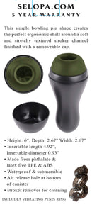 Selopa Love, Sex, Passion Black & Green Stroker with Vibrating Ring displayed with removable cap and product details.