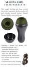 Selopa Love, Sex, Passion Black & Green Stroker with Vibrating Ring displayed with removable cap and product details.