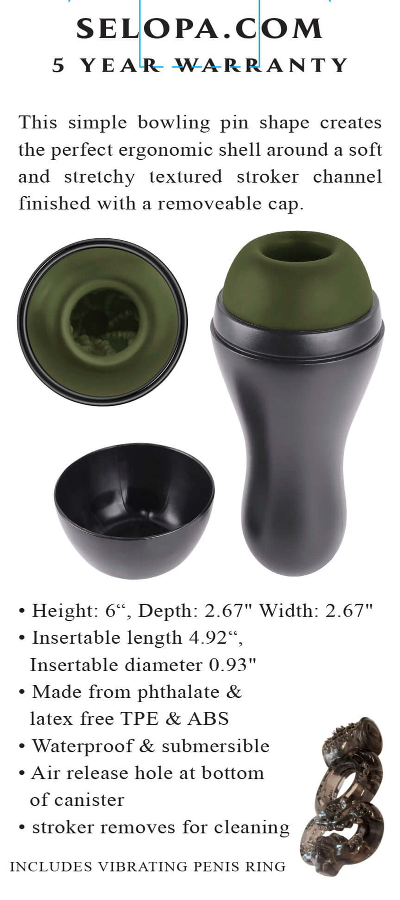 Selopa Love, Sex, Passion Black & Green Stroker with Vibrating Ring displayed with removable cap and product details.