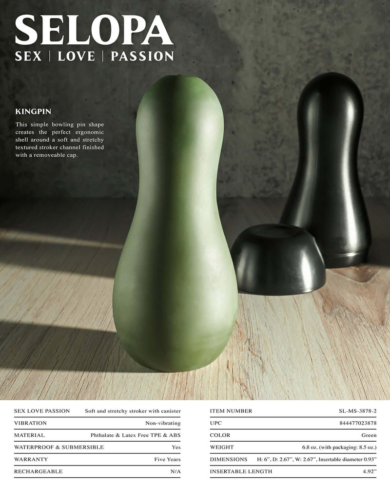 Selopa Kingpin ergonomic black and green stroker with vibrating ring by Evolved Novelties on display