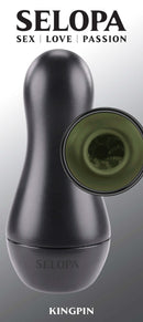 Selopa Kingpin ergonomic black and green stroker with textured channel and vibrating ring by Evolved Novelties
