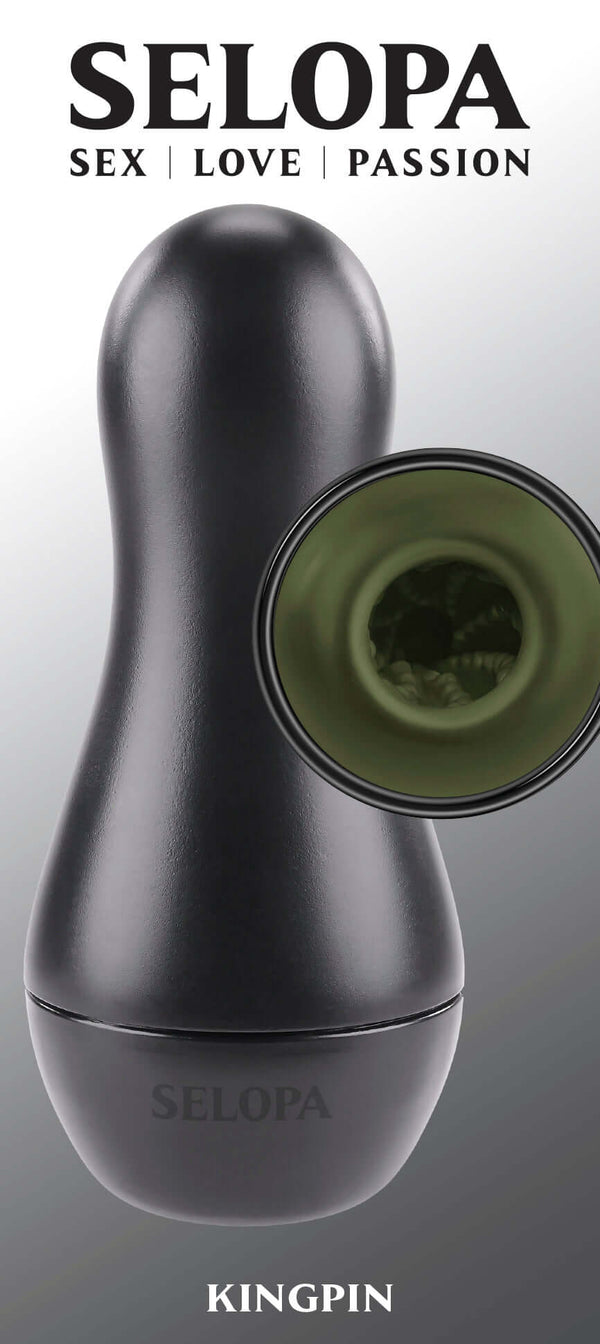 Selopa Kingpin ergonomic black and green stroker with textured channel and vibrating ring by Evolved Novelties