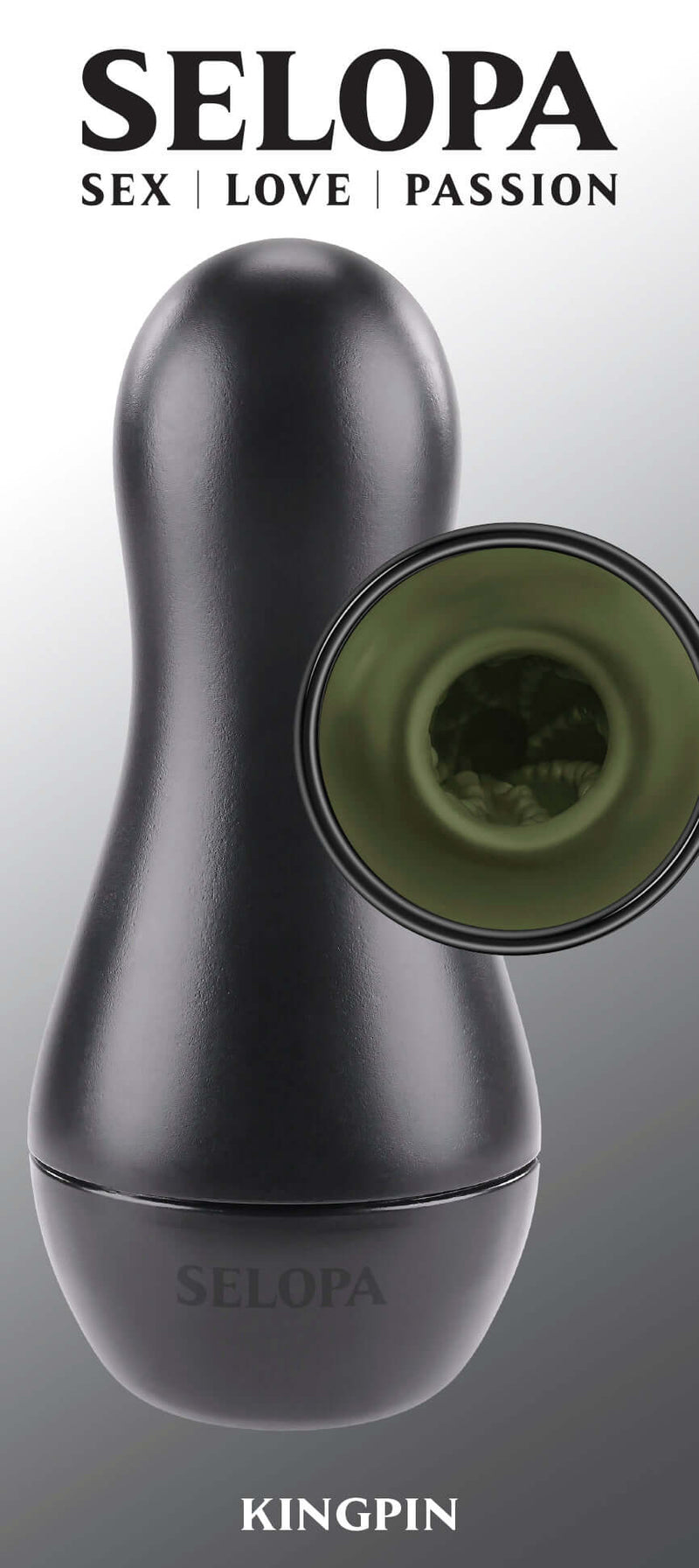 Selopa Kingpin ergonomic black and green stroker with textured channel and vibrating ring by Evolved Novelties