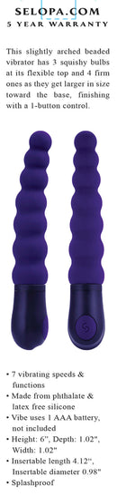 Purple beaded vibrator by Selopa with ergonomic design, flexible top, and firm bulbs, shown with 7 vibrating speeds and functions.