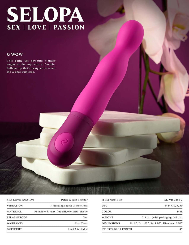 Evolved Novelties' Selopa G Wow pink G-Spot vibrator with angled tip and flexible design for precise pleasure.