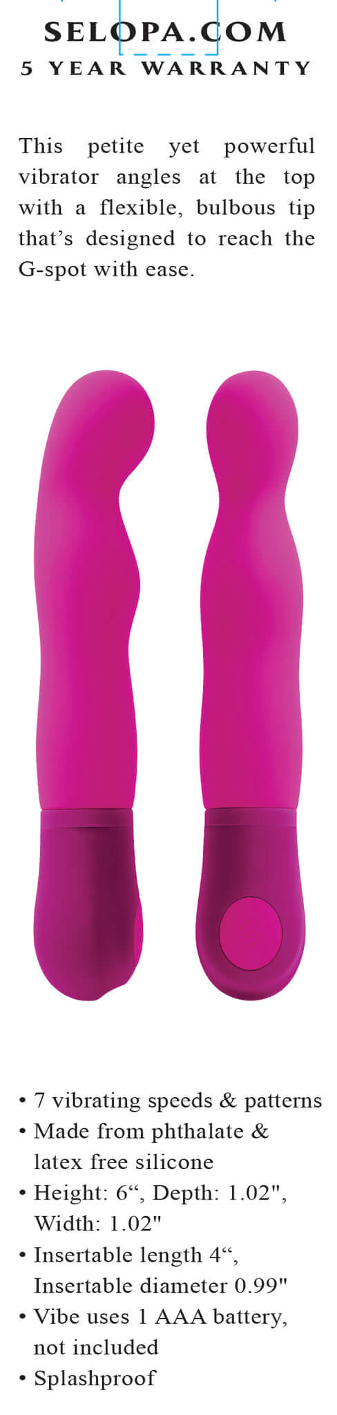 Pink Selopa G Wow G-Spot Vibrator by Evolved Novelties, featuring a flexible bulbous tip for precise G-spot stimulation with 7 vibrating speeds.