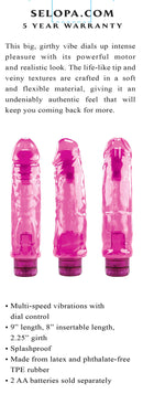 Selopa Thicc Boi Realistic Pink Vibrator with lifelike tip and veiny textures for intense pleasure, 9" length, splashproof, multi-speed vibrations