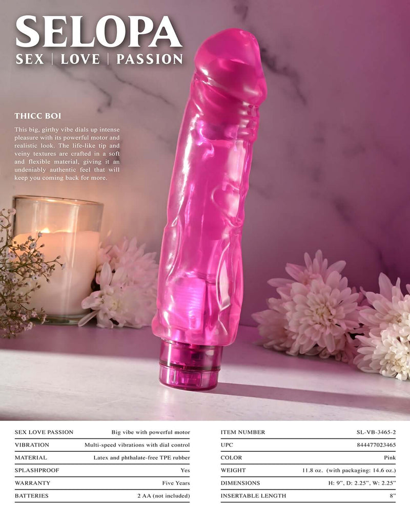 Selopa Thicc Boi Realistic Pink Vibrator with lifelike textures and powerful sensations placed on a table with flowers in the background