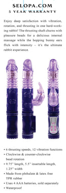 Selopa Bunny Thruster Rabbit Vibrator with vibration, rotation, and thrusting functions, featuring pleasure beads and bopping bunny ears.