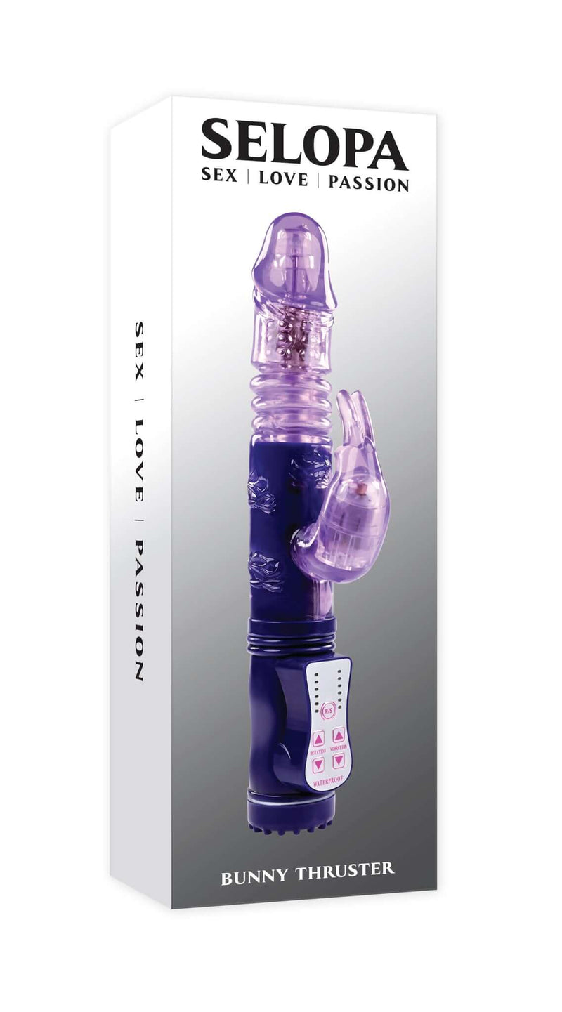 Selopa Bunny Thruster Rabbit Vibrator packaging showcasing versatile vibrator for deep satisfaction with vibration, rotation, and thrusting features.