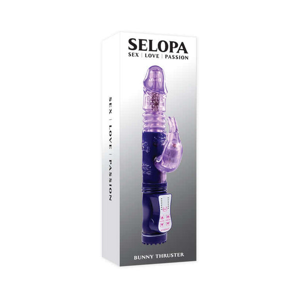 Selopa Bunny Thruster Rabbit Vibrator with Vibration, Rotation, and Thrusting features in packaging.