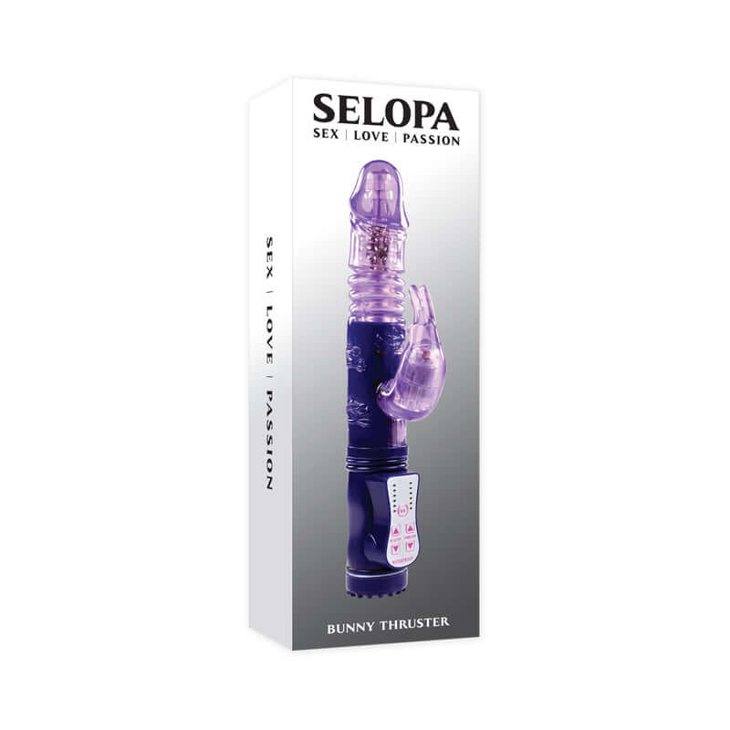 Selopa Bunny Thruster Rabbit Vibrator with Vibration, Rotation, and Thrusting features in packaging.