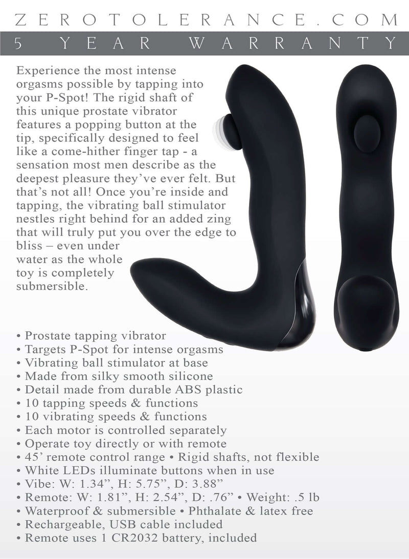 Zero Tolerance Tap It Prostate Vibrator with P-Spot targeting, silicone design, and user-friendly features for intense pleasure.
