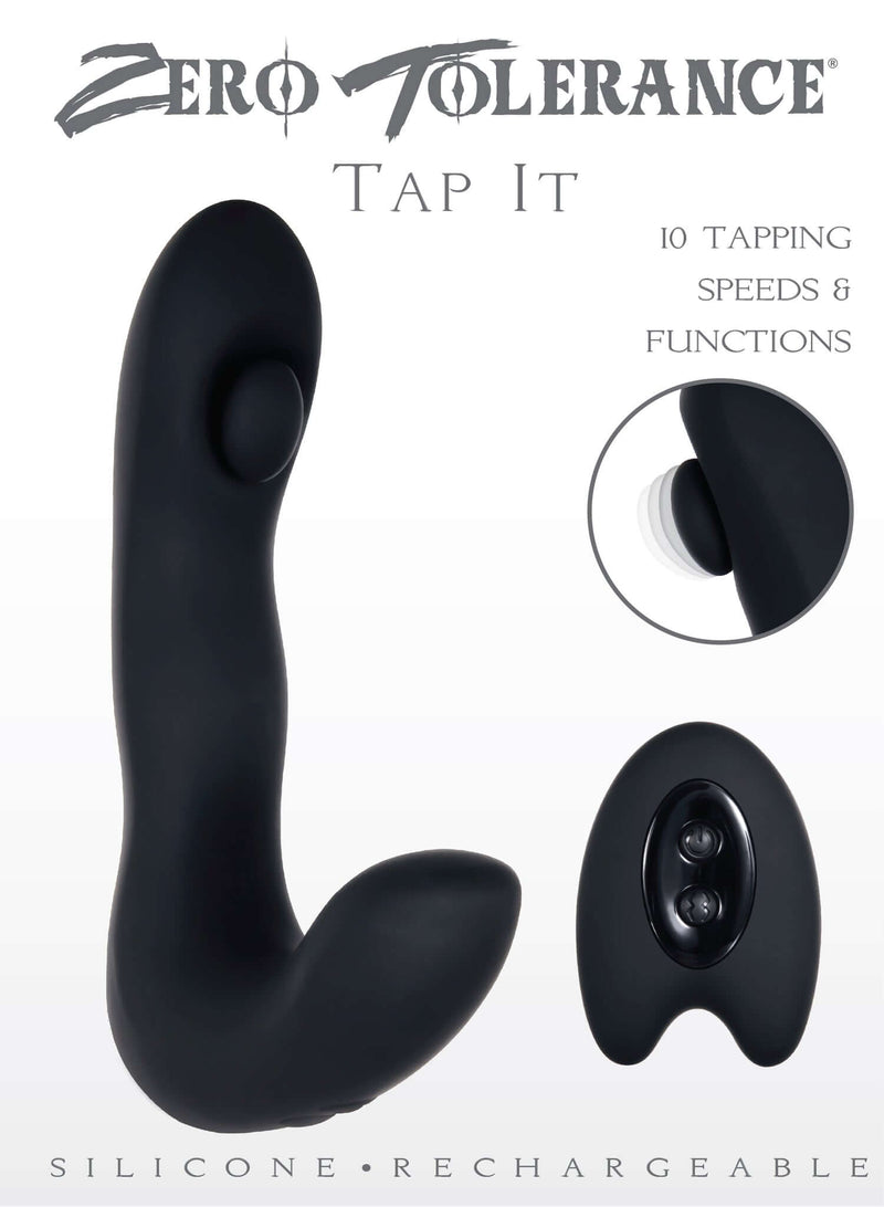 Zero Tolerance Tap It Prostate Vibrator showcasing 10 tapping speeds, crafted from silky silicone, rechargeable design.