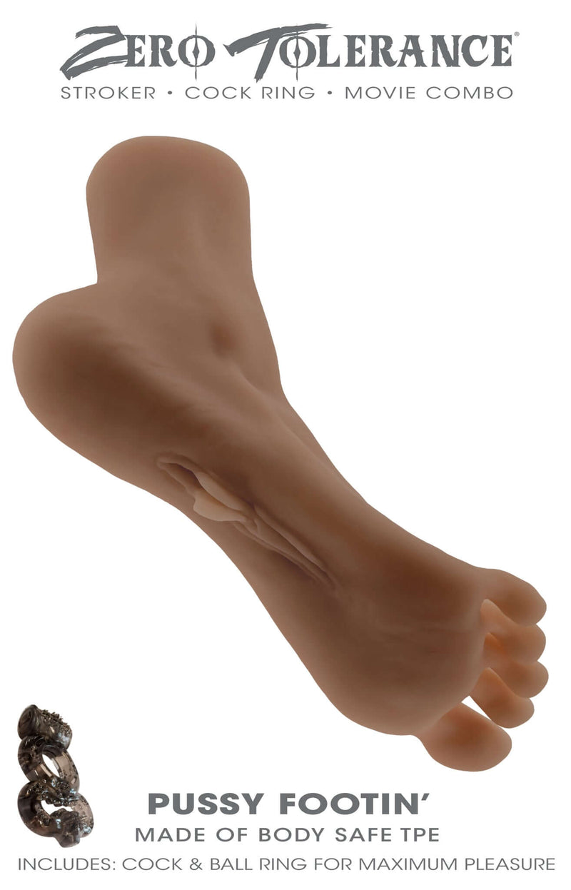 Zero Tolerance Pussy Footin Dark Stroker Combo with realistic foot stroker and cock ring, made of body-safe TPE for ultimate pleasure.