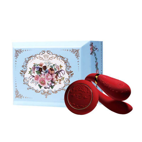 ZALO Fanfan Set Remote-Controlled Rechargeable Couples Massager in Bright Red with elegant floral packaging from Versailles Series
