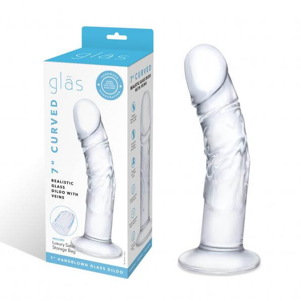 Glas 7-Inch Curved Realistic Glass Dildo with Veins next to its packaging box