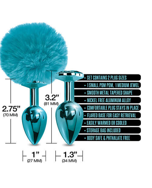 Global Novelties Nixie Metal Butt Plug Set Pom Pom and Jewel Blue Metallic at $23.99