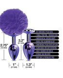 Nixie Metal Butt Plug Set with purple pom pom and jewel, featuring tapered design and aluminum alloy construction.