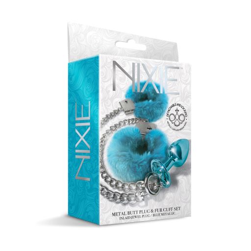 Nixie Metal Plug and Furry Cuff Set Blue Detachable and Locking Handcuffs