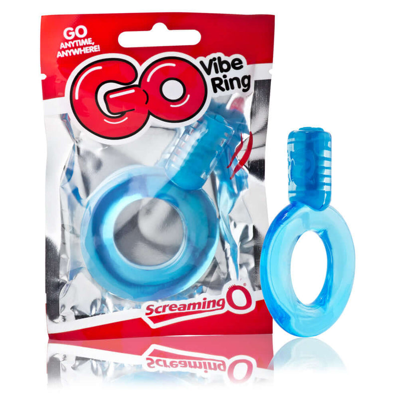 Screaming O Go Vibe Ring Blue quickie vibrating cock ring in packaging and standalone.