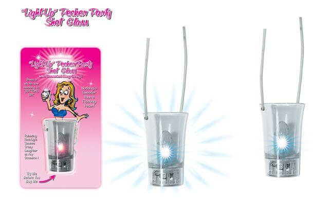 Light Up Pecker Party Shot Glass with attached cord for bachelorette party fun and playful drinking experience.