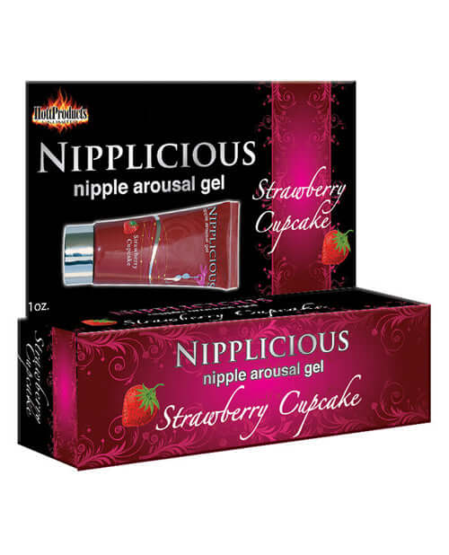 Nipplicious Strawberry Cupcake Arousal Gel packaging - 1 Ounce Tube by Hott Products Unlimited.