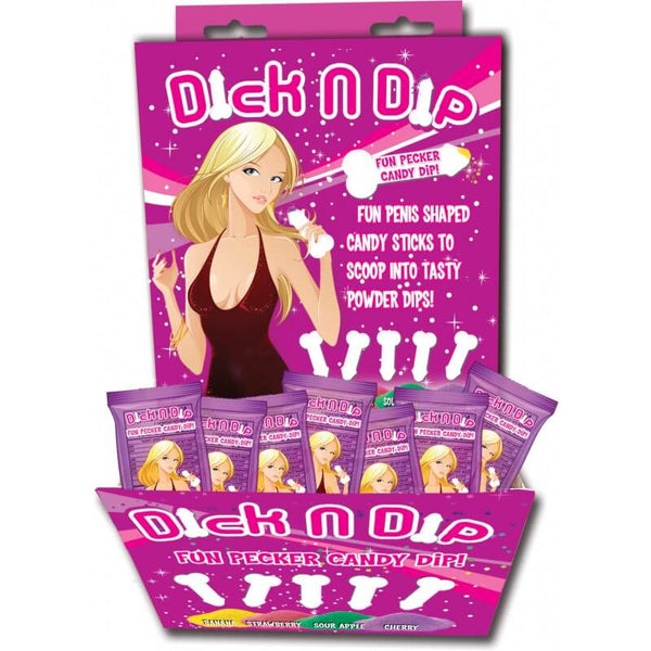 Dick N Dip Pecker Candy Fun Dip 30 Piece Display featuring colorful packaging and fun candy sticks.