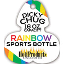 Rainbow Dicky Sports Bottle tag, 16oz capacity from Hott Products, featuring vibrant colors and playful design.