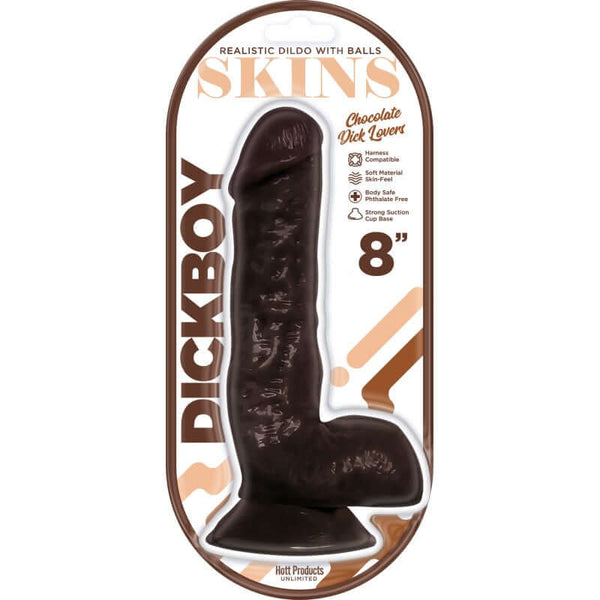 Dickboy Skins Chocolate Lovers 8 inch realistic dildo with balls in packaging from Hott Products, featuring a firm shaft and contoured design