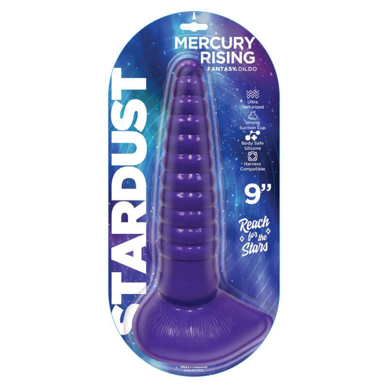 Stardust Mercury Rising Silicone Fantasy Dildo 9 inches Purple in packaging with textured design and ergonomic base.