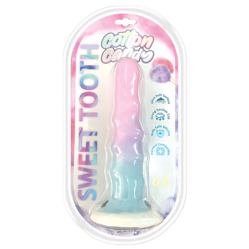 Cotton Candy Sweet Tooth 6.7 Inches Silicone Dildo in colorful packaging by Hott Products