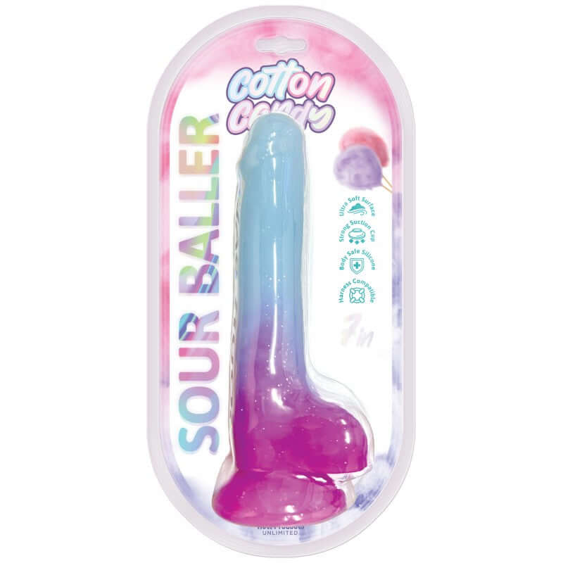 Cotton Candy Sour Baller Silicone Dildo 6 inches Aqua and Purple in packaging