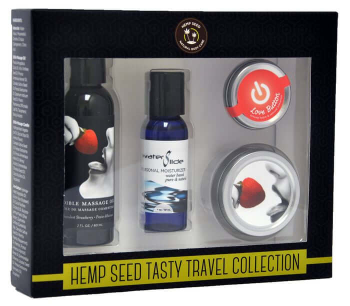 Hemp Seed Tasty Travel Collection with Strawberry Edible Massage Oil, Waterslide Moisturizer, and Love Button. Ideal for couples.