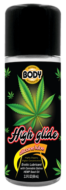 High Glide Erotic Silicone Lubricant 2.3 oz bottle with Cannabis Sativa leaf design.
