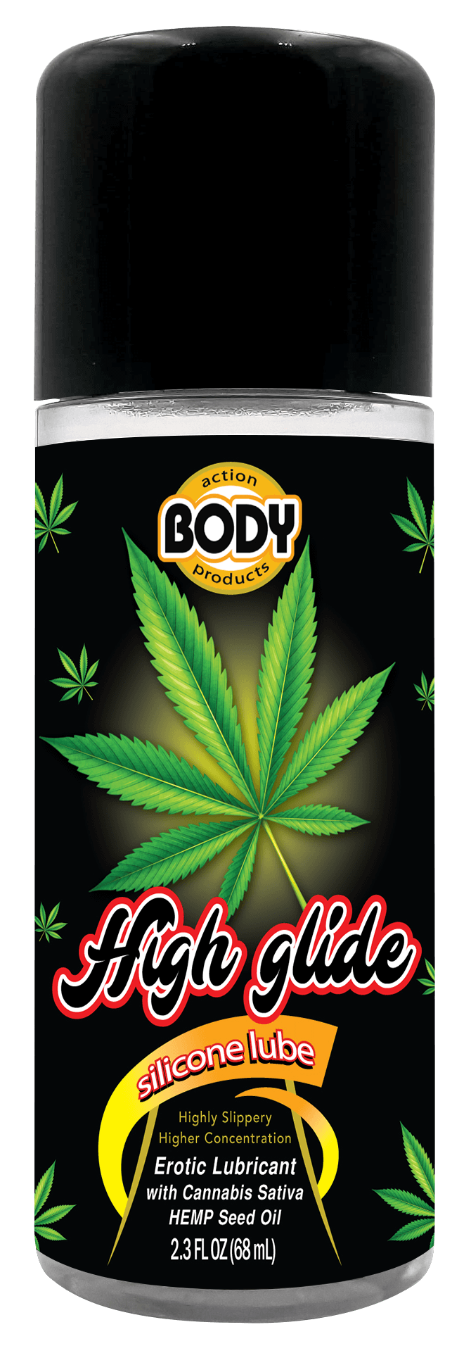 High Glide Erotic Silicone Lubricant 2.3 oz bottle with Cannabis Sativa leaf design.