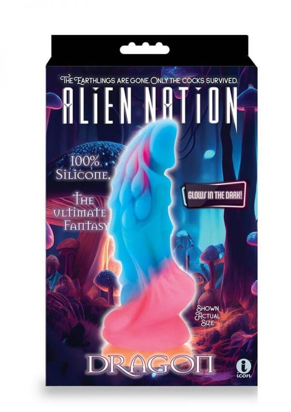 Alien Nation Glow Dragon Dildo packaging showcasing multicolor silicone fantasy dildo in a glowing effect.